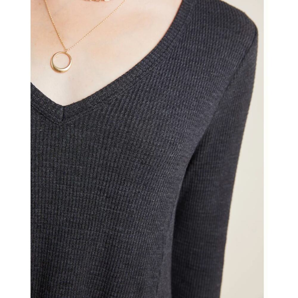 Anthropologie T.La Vicky Thermal Waffle V-Neck Tunic Top, Charcoal Gray, M NEW - Picture 3 of 8